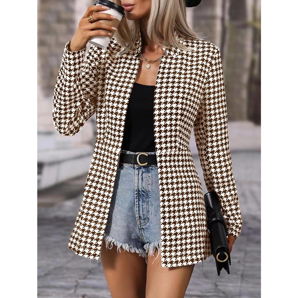 Notched Collar Houndstooth Print Open Front Peaco… - image 8